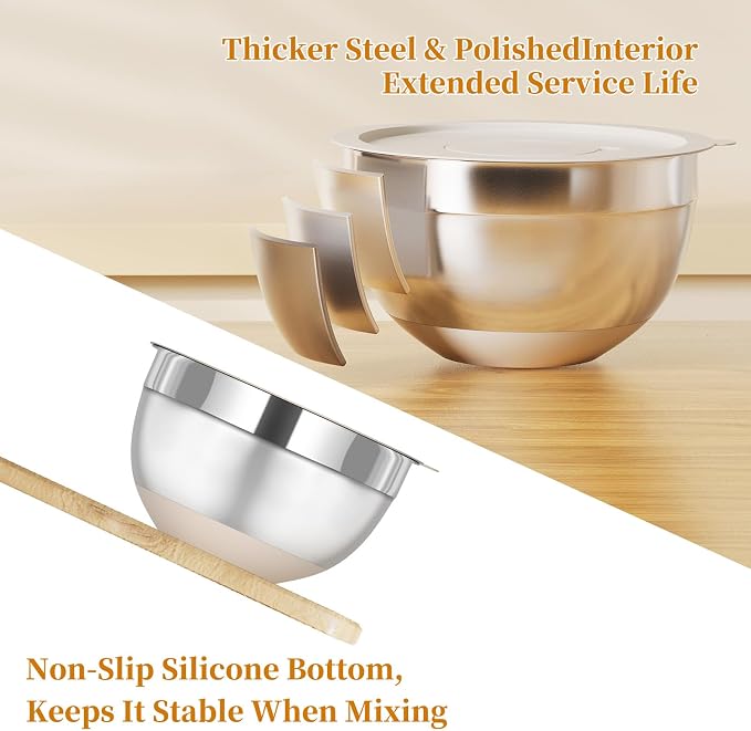Fyrnova Mixing Bowls with Lids Set, 6 Piece Stainless Steel Nesting Storage - Image 6