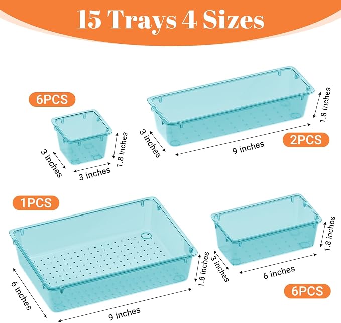 SpaceHacks 15 PCS Clear Plastic Drawer Organizer Set, 4-Size Acrylic Drawer - Image 3