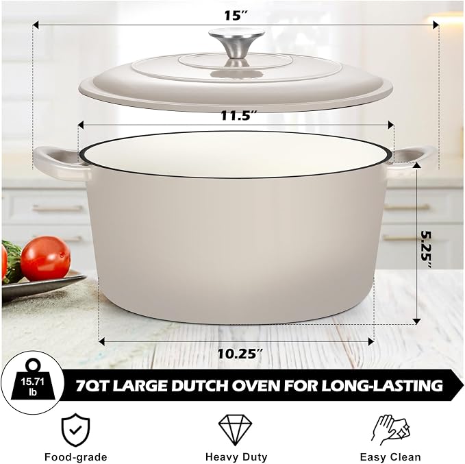 TeamFar Enameled Cast Iron Dutch Oven, 7qt Dutch Oven Pot Nonstick Cookware - Image 2