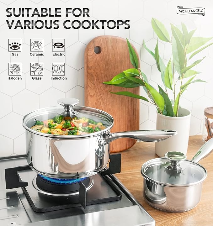 MICHELANGELO Stainless Steel Saucepan Set, 1QT & 3QT Saucepans - Image 2