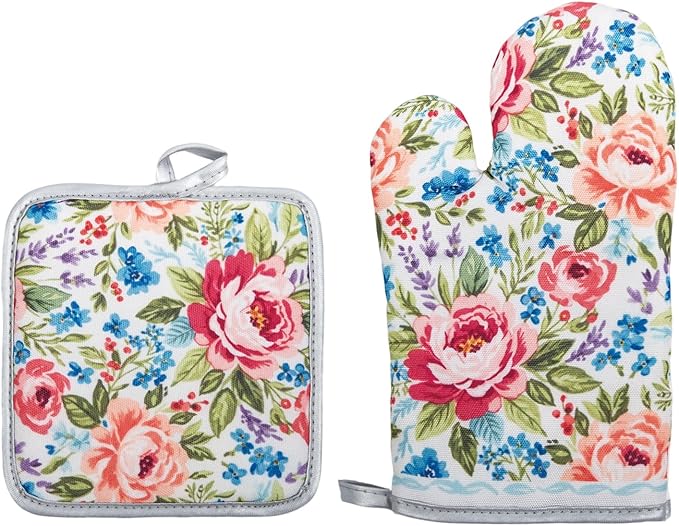 Floral Oven Mitts and Pot Holders Sets 2 Pcs, Canvas Heat Resistant Kitchen by QEES