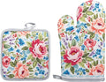Floral Oven Mitts and Pot Holders Sets 2 Pcs, Canvas Heat Resistant Kitchen by QEES