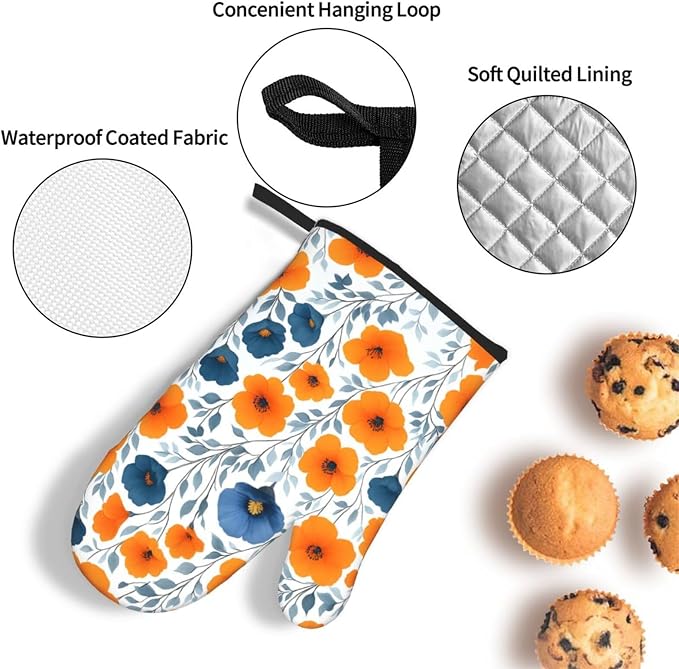 Spring Orange Blue Floral Oven Mitts and Pot Holders Sets of 3, Heat Resistant - Image 6