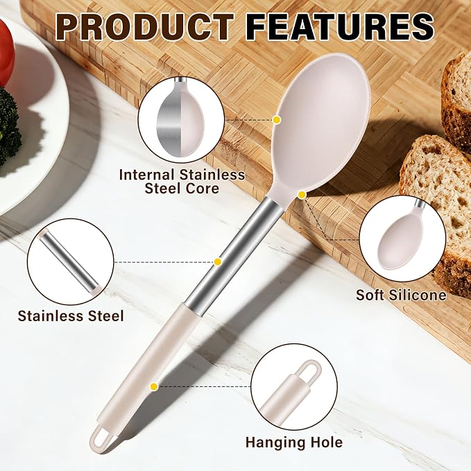 3Pcs Silicone Cooking Spoon Set, Kitchen Utensils Include Solid & Slotted Spoon - Image 3