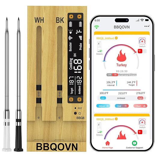 BBQOVN WiFi Sub-1G Wireless Meat Thermometer Unlimited Range 7 NIST Certified by BBQOVN