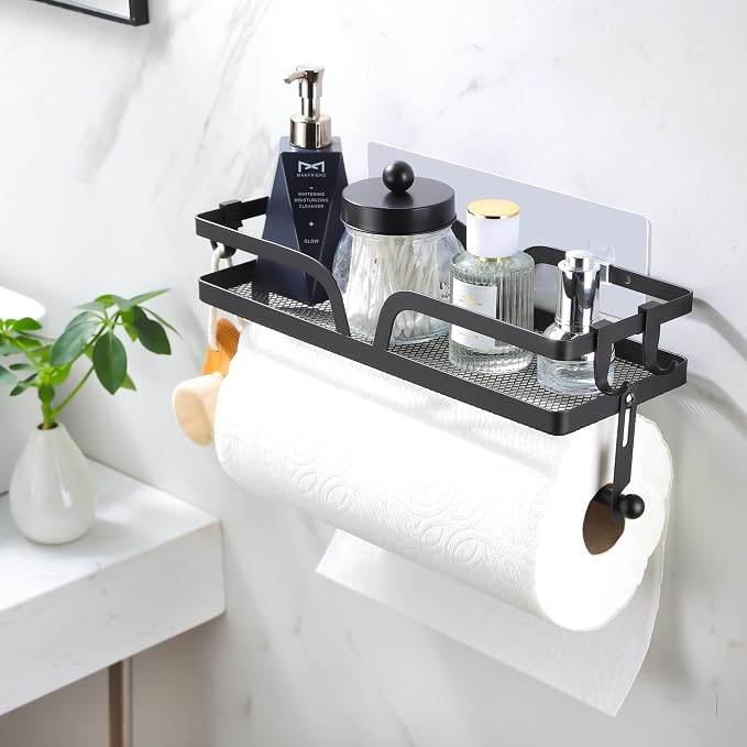 Taozun Paper Towel Holder with Shelf, Kitchen Paper Holder Spice Rack Black - Image 5