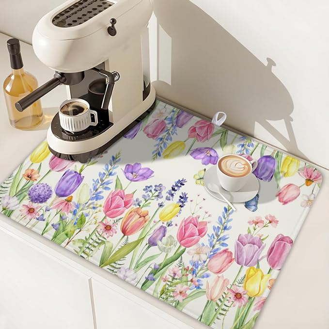 Spring Floral Dish Drying Mat for Kitchen Counter Easter Tulip Lavender Flower - Image 7