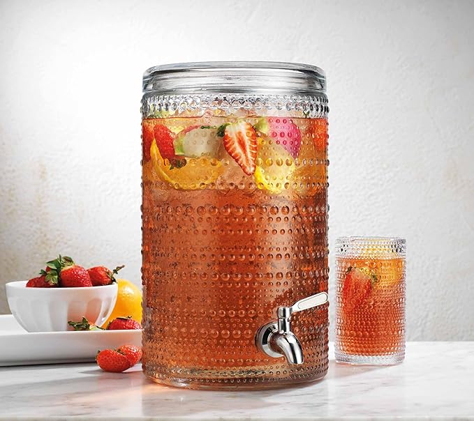 Glavers 2 Gallon Beverage Dispenser Clear Glass Hobnail Beaded Jug, Tight Lid by Glavers