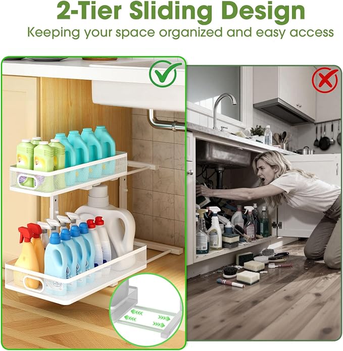 Under Sink Organizer 2-Pack, Metal 2-Tier Pull-Out Cabinet Shelf - Image 2