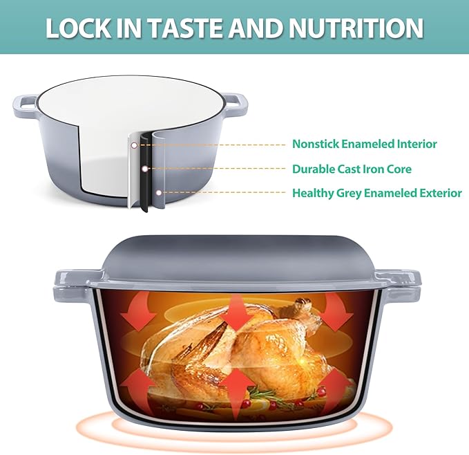 TeamFar 5 Quart Enameled Cast Iron Dutch Oven, 2-In-1 Dutch Oven Pot Cookware - Image 3