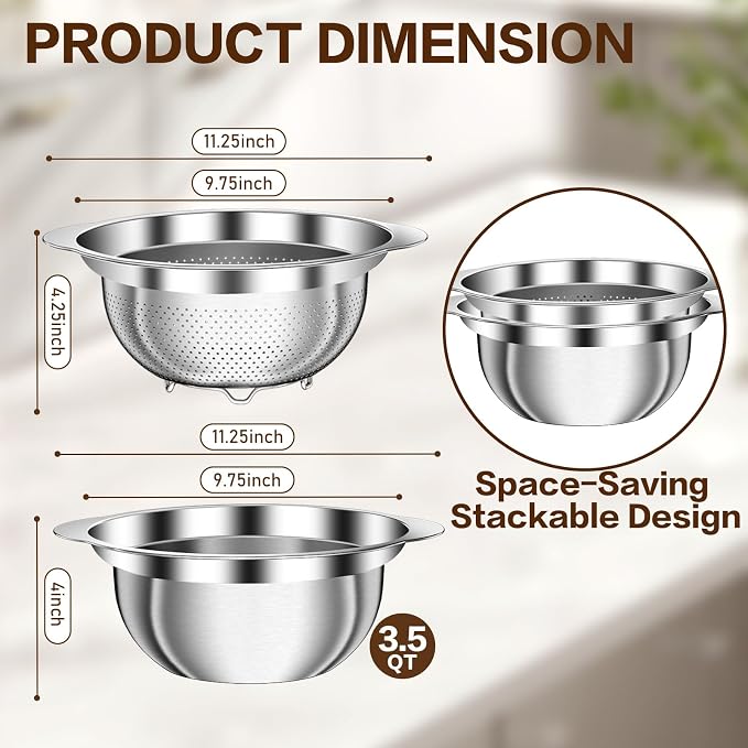 3.5QT Colander with Bowl, Rice Strainer, Stainless Steel Mixing Bowls with - Image 8