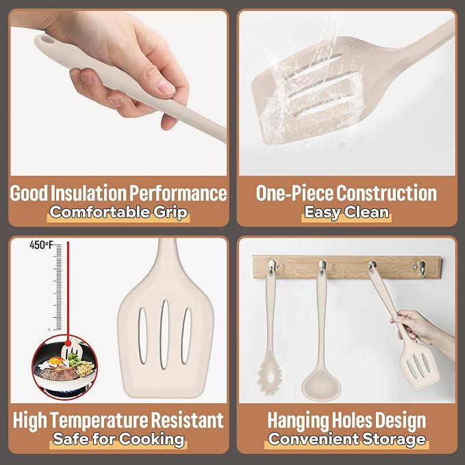 E-far Silicone Cooking Utensils Set, 7-Piece Khaki Heat Resistant Kitchen - Image 3