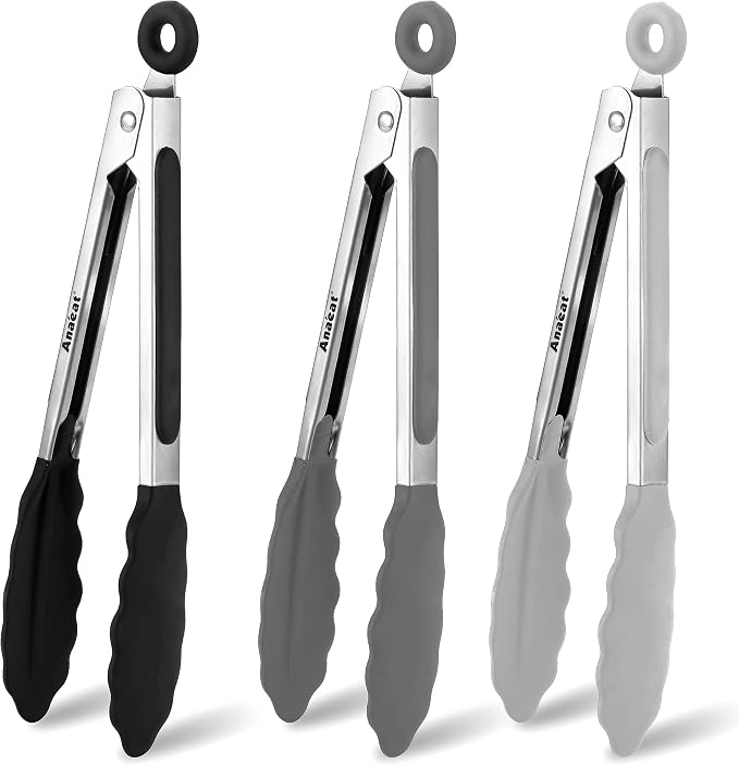 Anaeat 3 Pack 7" Mini Non-Stick Silicone Locking Tongs by Anaeat