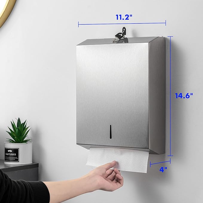 Paper Towel Dispenser Wall Mount Commercial, Brushed Stainless Steel & - Image 2