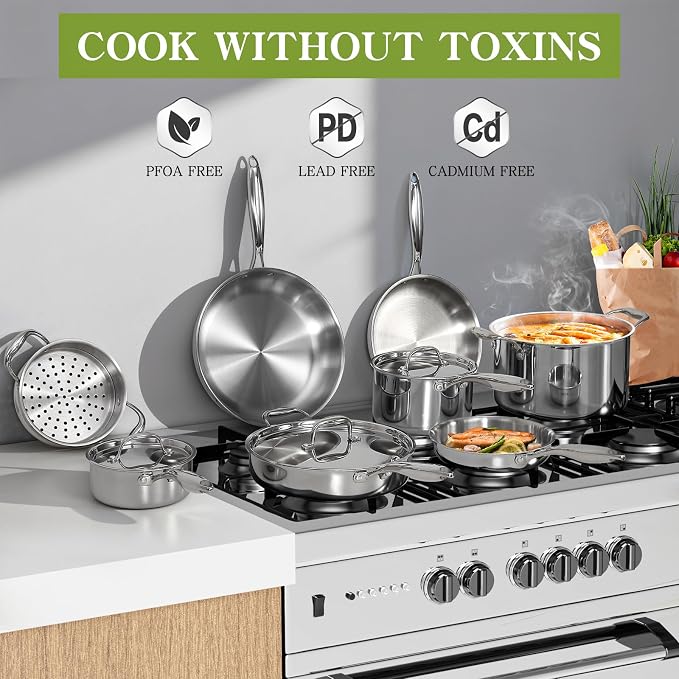 Triple Ply Stainless Steel Pots and Pans Set, EWFEN 12 Piece Induction Cookware - Image 6