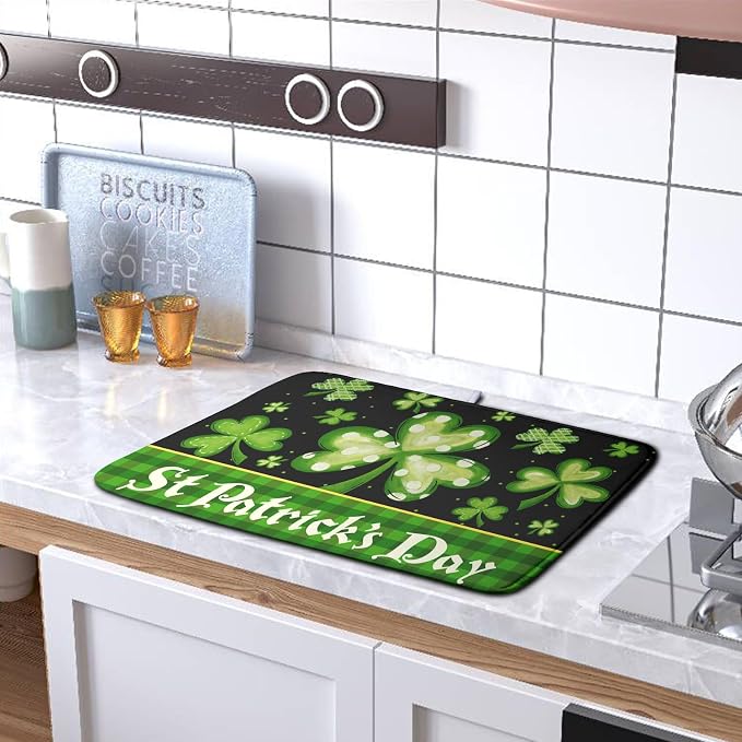 Happy St. Patrick's Day Kitchen Drying Mat Green Plaid Lucky Shamrock Clover - Image 5
