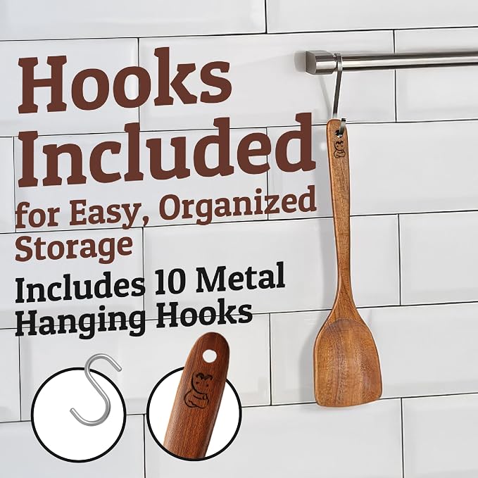 PriorityChef Wooden Spoons for Cooking, Premium 10pc Teak Wood Utensil Set - Image 6