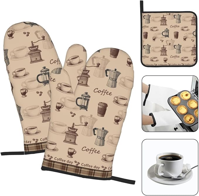 Vintage Coffee Themed Oven Mitts Heat Resistant, Vintage Pot Holder and Oven - Image 3