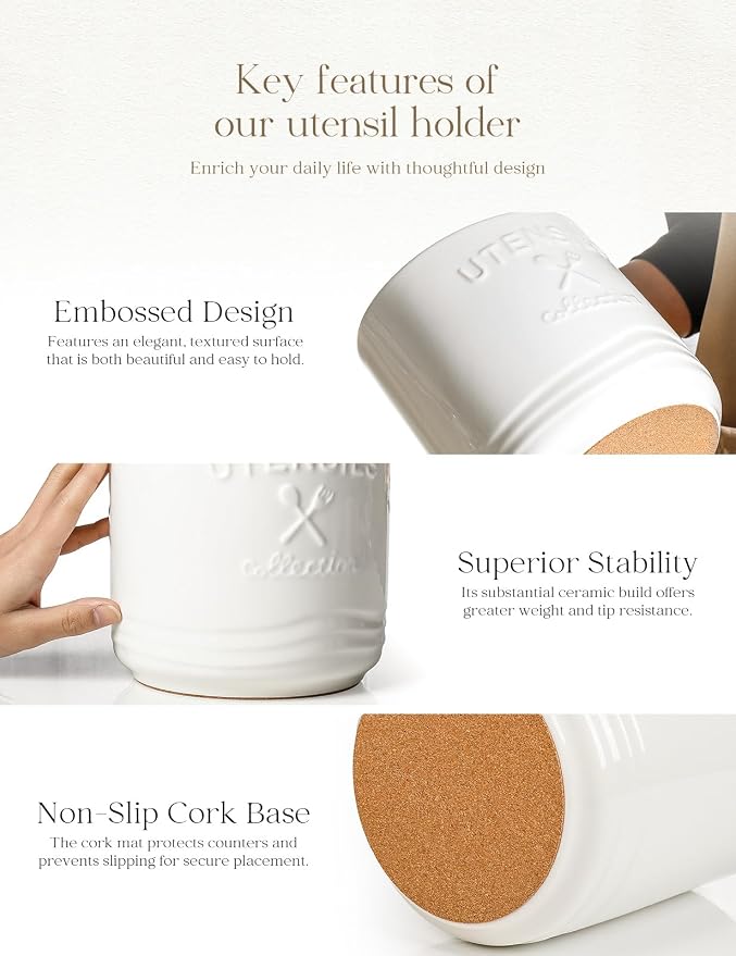 AISBUGUR Large Ceramic Utensil Holder: 7.5" H×6.3" W - Image 8