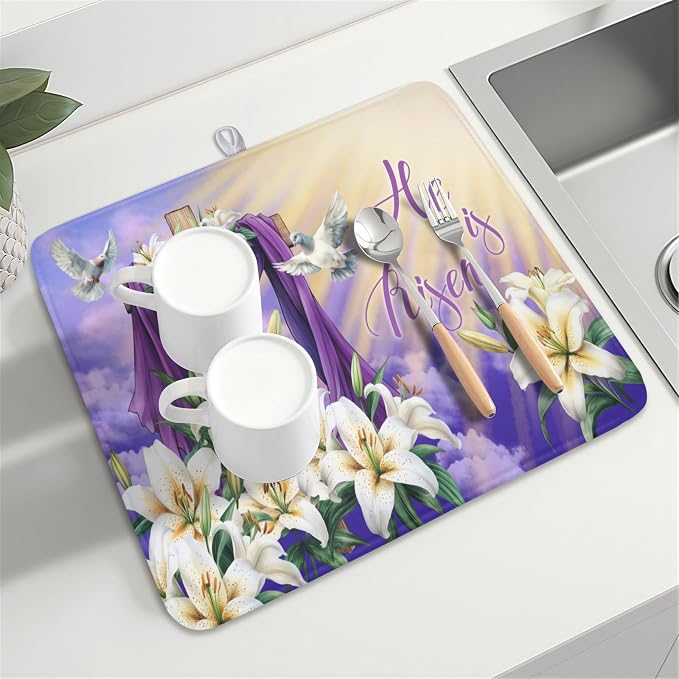 Easter Dish Drying Mat for Kitchen Counter He is Risen Cross Floral Purple - Image 8