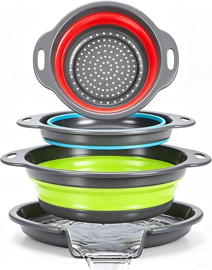 Collapsible Colander Set with Oversized Draining Tray | 3-Pack Foldable Kitchen by CLUREN
