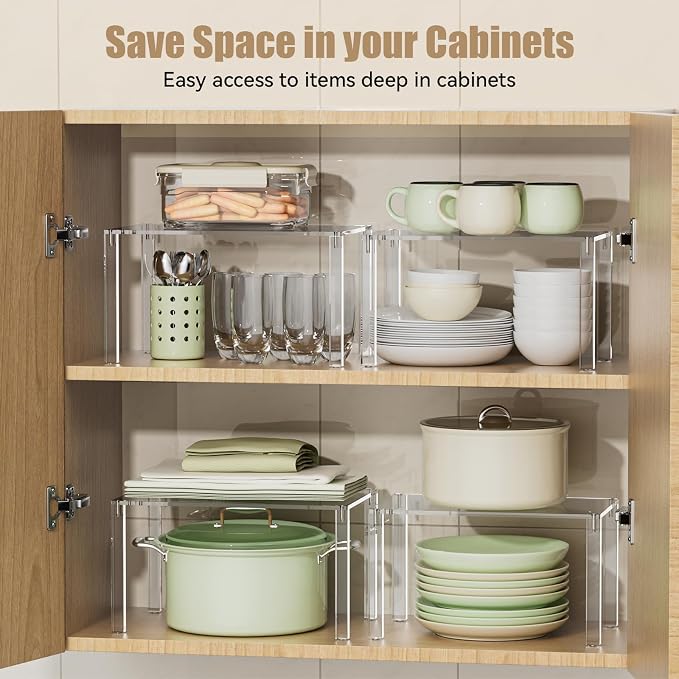 YUNEASELF Clear Cabinet Organizer: Acrylic Shelf Riser Set of 4 - Image 4