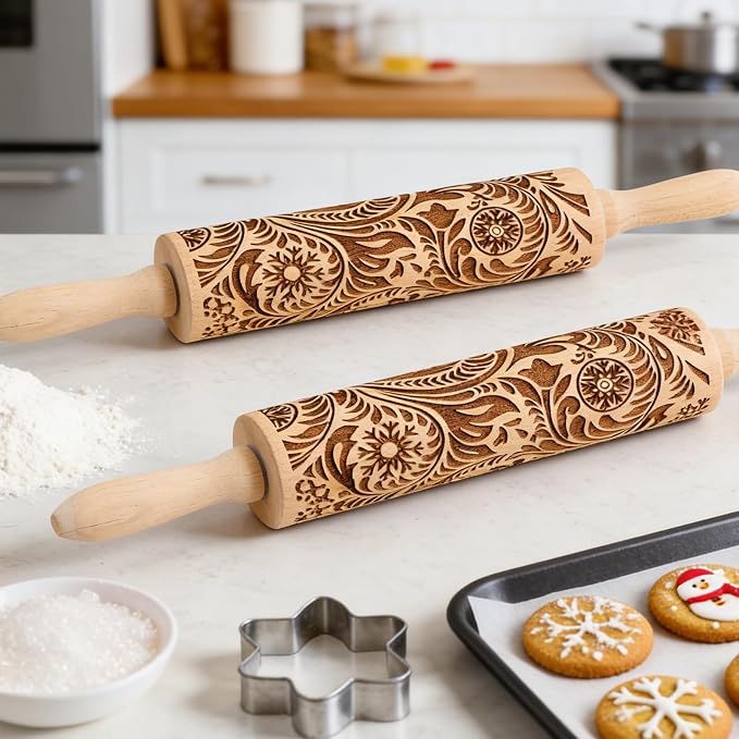 Wooden Embossed Rolling Pin for Baking & Crafts-Easy to Clean, Lightweight - Image 2