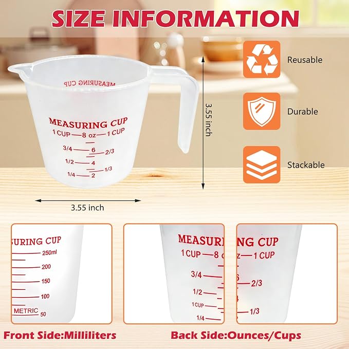 8 Pcs 1 Cup Capacity Plastic Measuring Cup, 8 Oz/250 ml Clear Graduated - Image 2