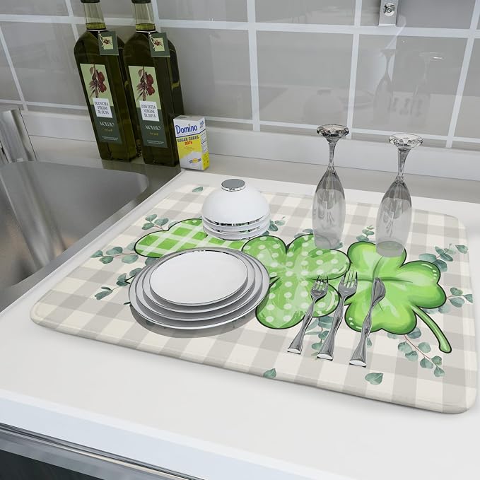 Giwawa Patrick Dish Drying Mat for Kitchen Green Clovers Grey Buffalo Plaids - Image 6