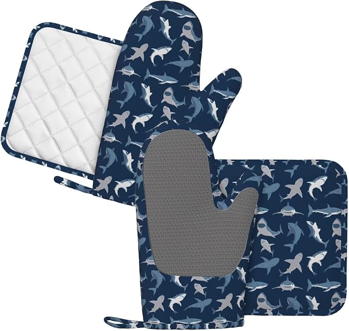 Cool Sharks Oven Mitts and Pot Holders Set of 4 Silicone Blue Grey Sharks - Image 2
