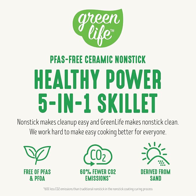 GreenLife12" 5QT Square Electric Skillet, Glass Vented Lid, Ceramic PFAS-Free - Image 8