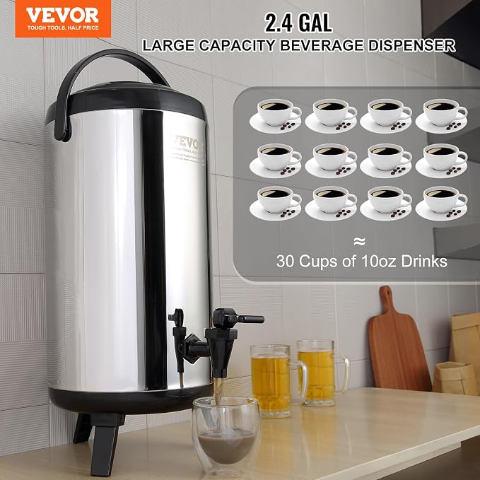 VEVOR Stainless Steel Insulated Beverage Dispenser, 2.4 Gallon 9.2 Liter - Image 2