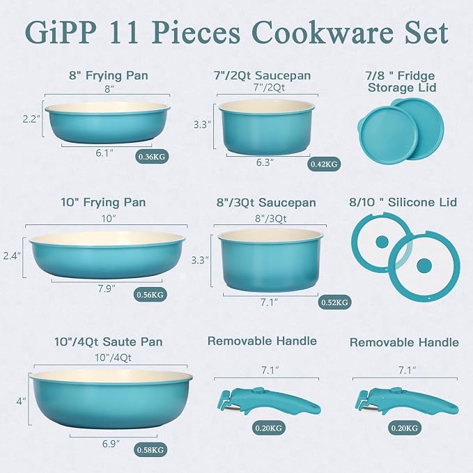 GIPP 11pcs Pots and Pans Set Non Stick, Nonstick Cookware Set Detachable Handle - Image 3
