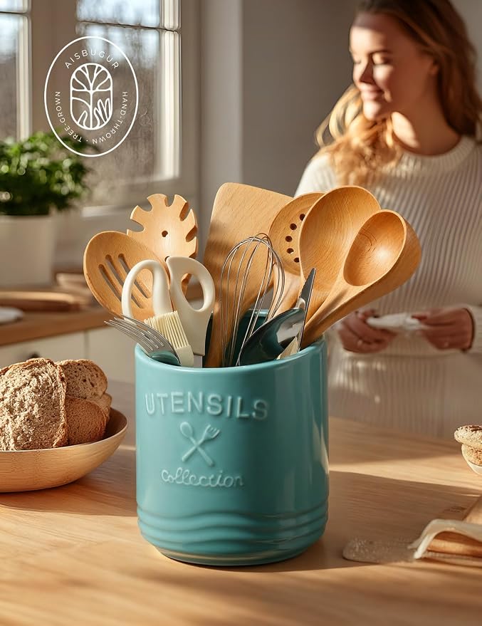 AISBUGUR Large Ceramic Utensil Holder 7.5" H×6.3" W - Image 6