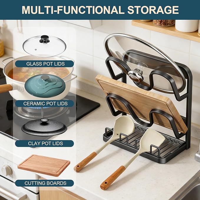 Kitchen Pot Lid Storage Rack: Carbon Steel Double-Layer Holder & Spoon Rest - Image 3