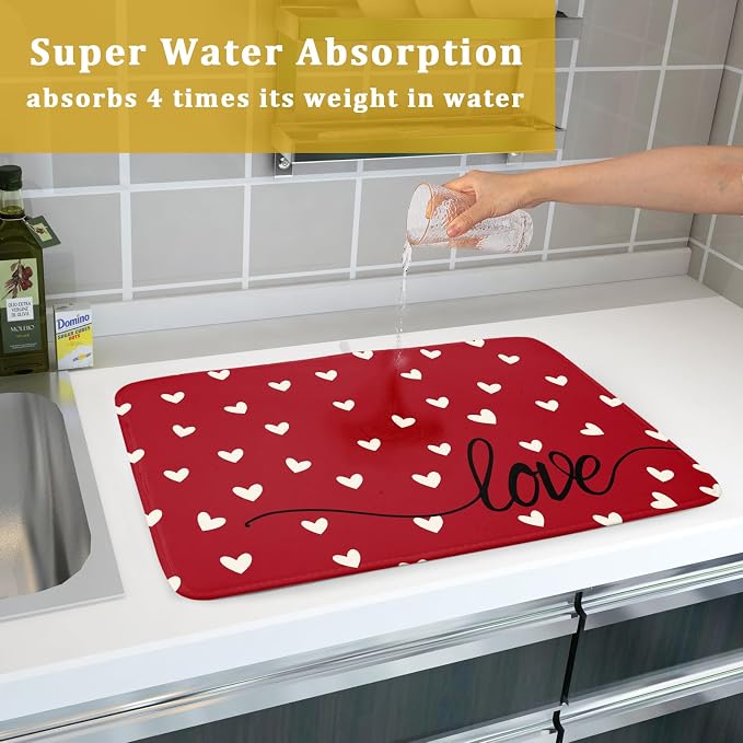 Giwawa Red Hearts Dish Drying Mat 18"x24", Valentines Day Symbol of Love Dish - Image 7