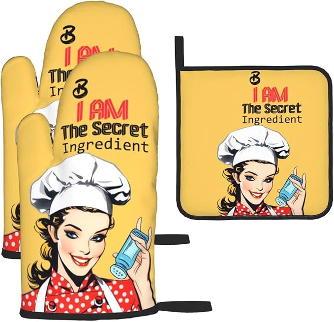 Cute Yellow Retro Chef Humorous Oven Mitts & Pot Holders Set of 3, Heat by Unknown