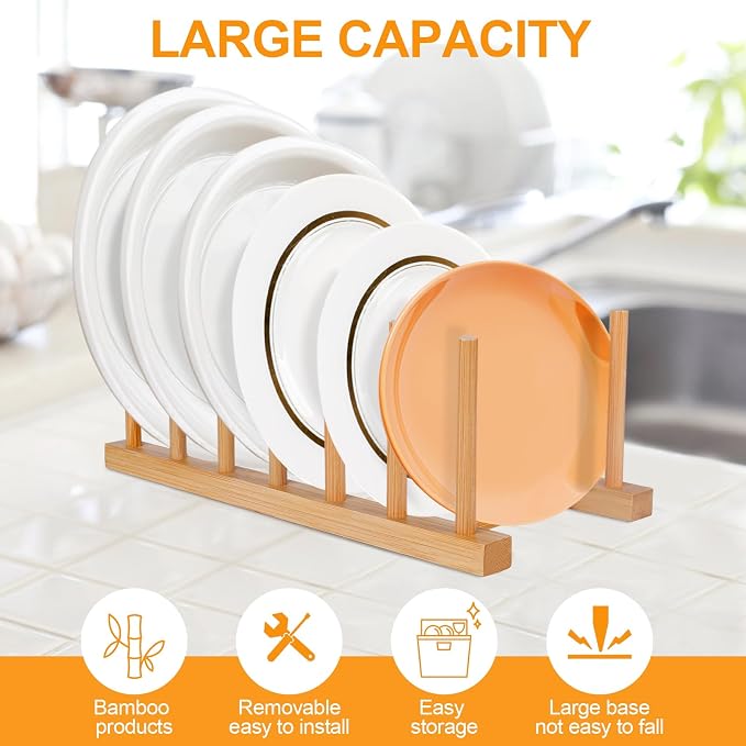 SAMEBUTECO Bamboo Wooden Dish Racks Plate Stand Holder Vertical Drainer Kitchen - Image 5