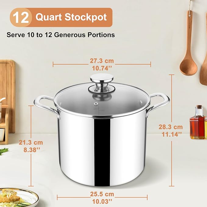 Herogo 12 QT Stock Pot, Tri-ply 18/10 Stainless Steel Cooking Pot - Image 2