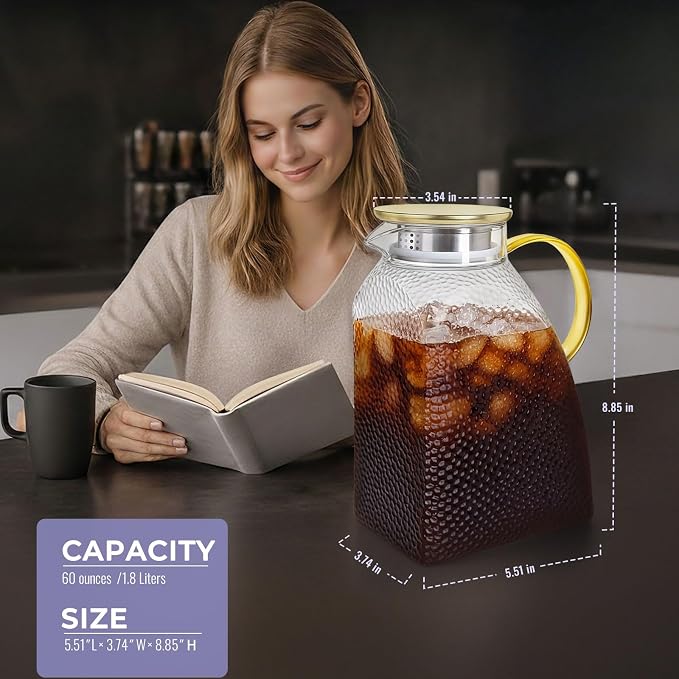 Glass Pitcher With Lid and Spout, 1.8 Liter 60 oz Glass Pitchers With Handle - Image 2