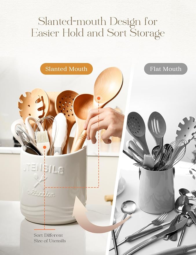 AISBUGUR Large Ceramic Utensil Holder: 7.5" H×6.3" W - Image 4