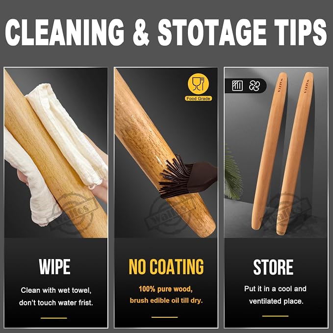 WALFOS French Rolling Pin and Silicone Baking Mat Set, Non-Stick Beech Wood - Image 7