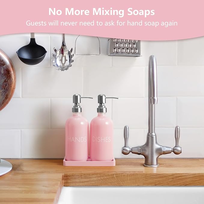 Pink Glass Dish and Hand Soap Dispenser Set - Image 2