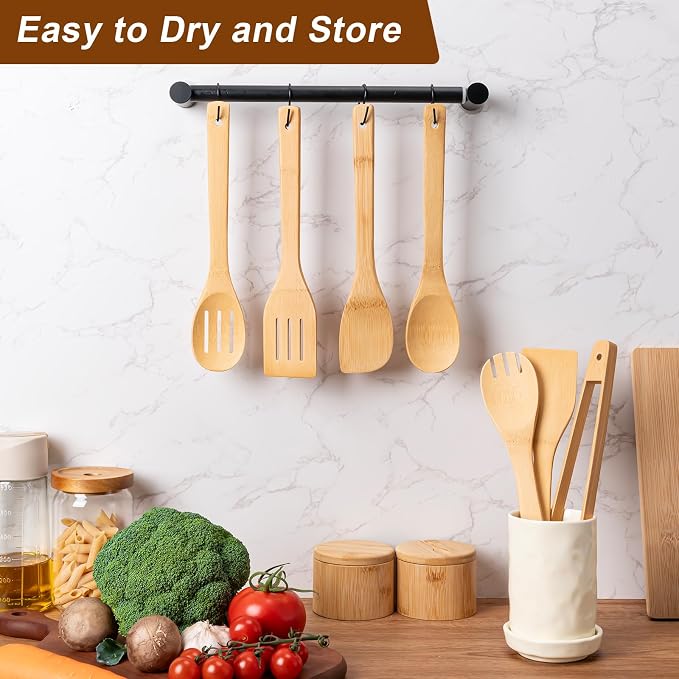 Eisinly Wooden Spoons for Cooking 7-Piece, Kitchen Nonstick Bamboo Cooking - Image 5