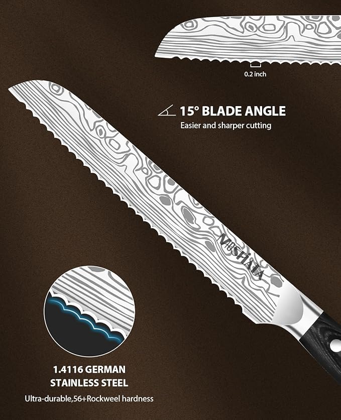MOSFiATA Bread Knife 8” Ultra Sharp Serrated Knife, German High Carbon - Image 4