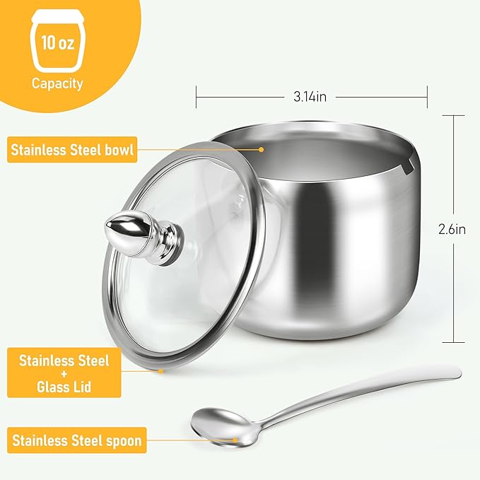 holoith Sugar Container with Glass Lid and Spoon - 10oz Stainless Steel Sugar - Image 3