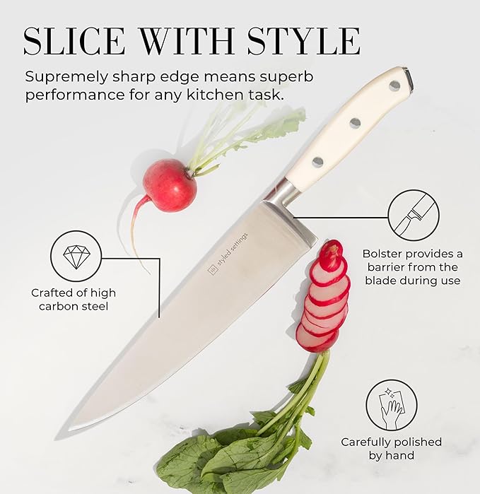 White Knife Set with Block – 14-Piece Forged Stainless Steel Knives with Triple - Image 2