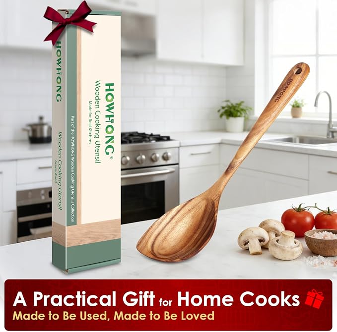 HOWHONG Corner Spoon Wooden Cooking Utensil, Long Handle Acacia Wood Spoon - Image 7