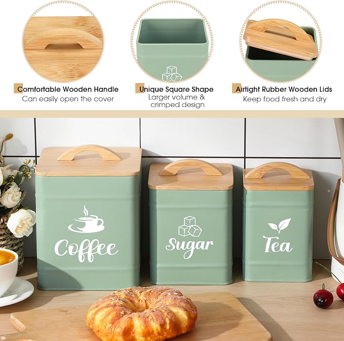 Maxdot 3 Set Coffee Sugar Tea Containers, Square Airtight Kitchen Canisters - Image 3