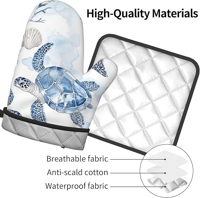 Navy Blue Ocean Sea Turtle Oven Mitts and Pot Holders Sets of 2 Summer Gift - Image 4
